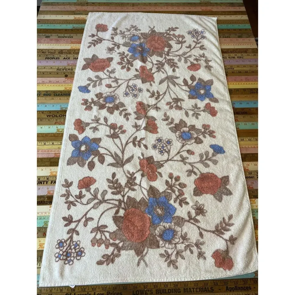Vintage Retro 70s Mod Floral Flowers Dundee Fringe Bath Towels MCM Set Of 2